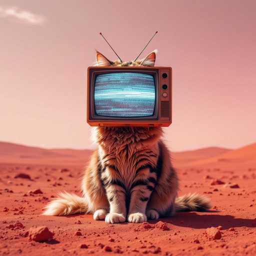 A cat mixed with a tv with big toes on mars