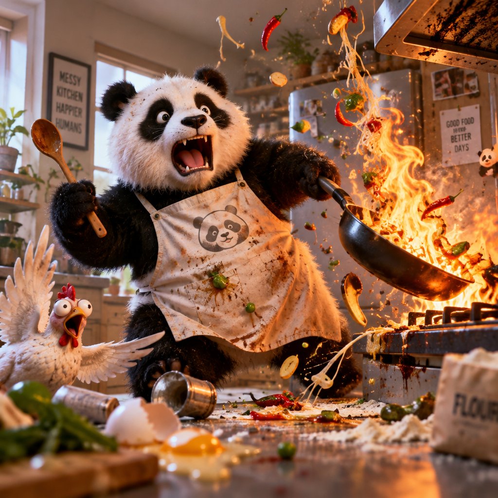 Cartoon panda cooking amid flames, flying ingredients, and a messy kitchen scene