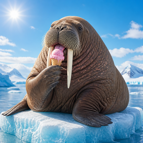 A walrus eating ice crearm