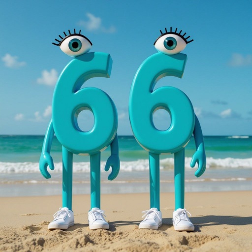 Cyan number 6 with 2 human eye ball 2 cyan arm 2 cyan leg wear white shoes in beach