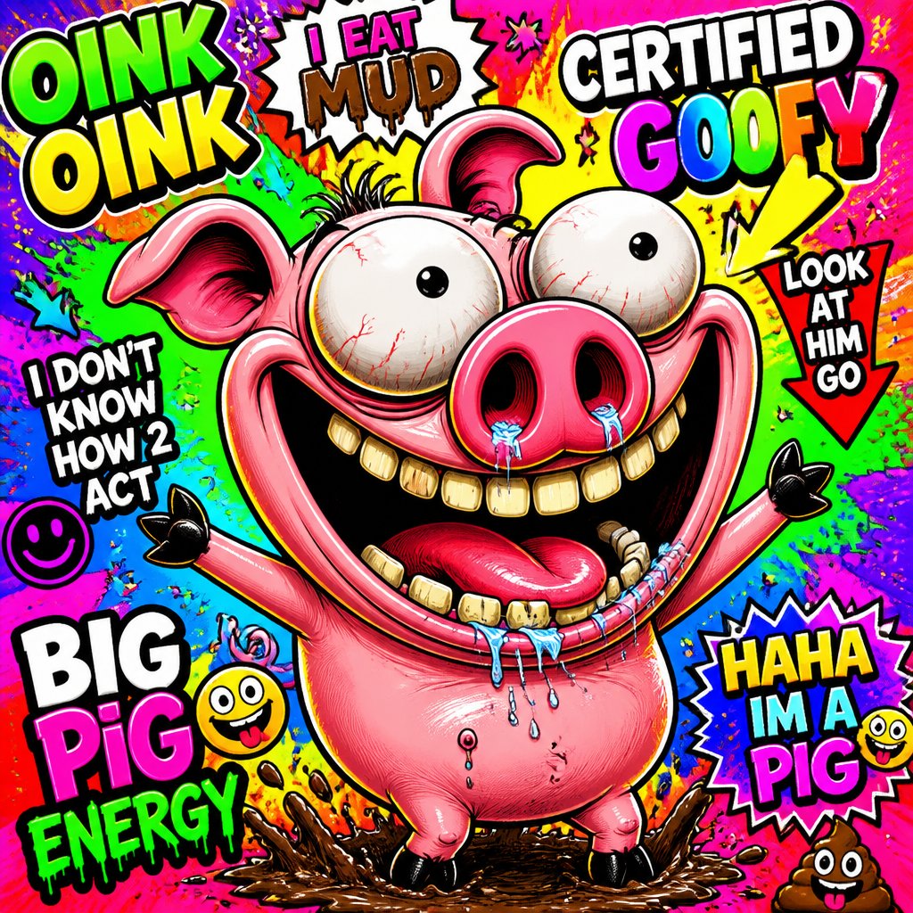 Colorful cartoon pig character with tongue out, surrounded by comic-style text and graphics