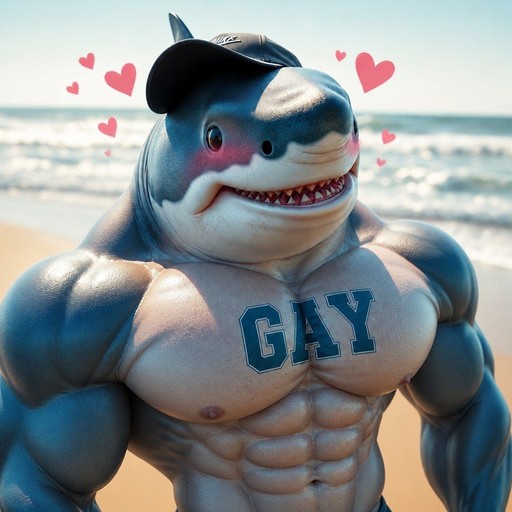 Cartoon muscular blue shark character standing at a sunny beach with heart accents