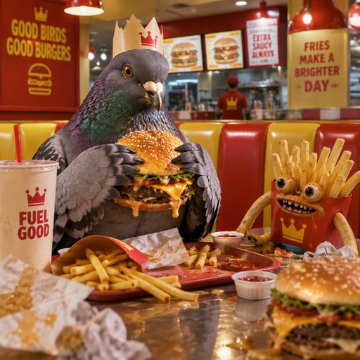 A parrot holds a burger beside smiling fries in a colorful fast-food restaurant scene.