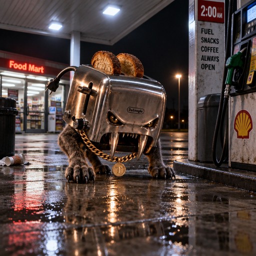 Surreal metallic animal-like figure crouches on a wet gas station floor.
