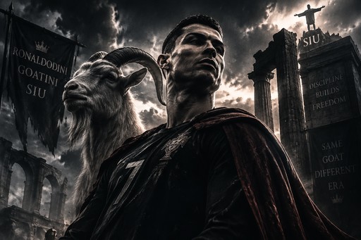 Grayscale cinematic figure with bull statue beneath stormy skies and crosses