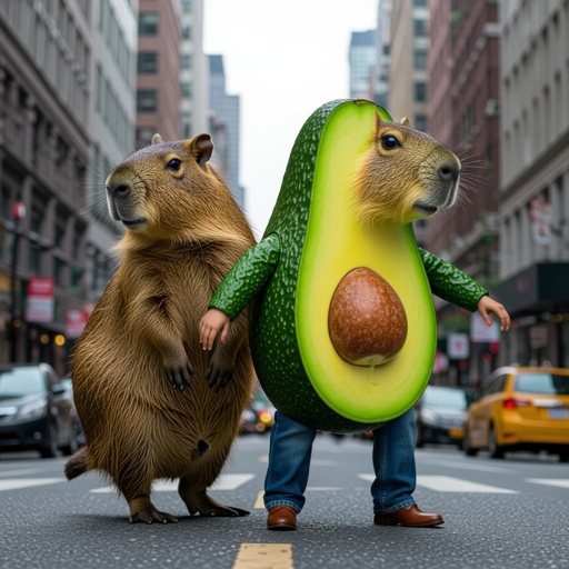 Capybara with avocado body 4 human leg in city