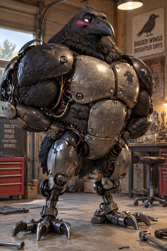 Armored bird-like robot standing in a workshop, rendered in a realistic style.