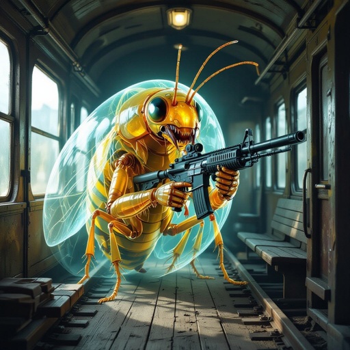 Um cupim fantasma gigante cam uma arma dentro de um trem