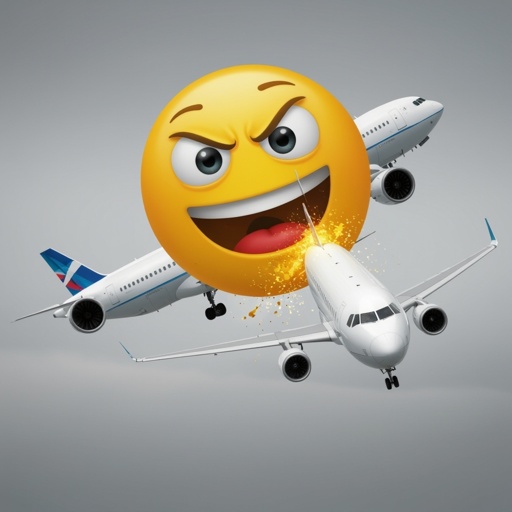 Evil emoji merge with a airplane and it from the sky