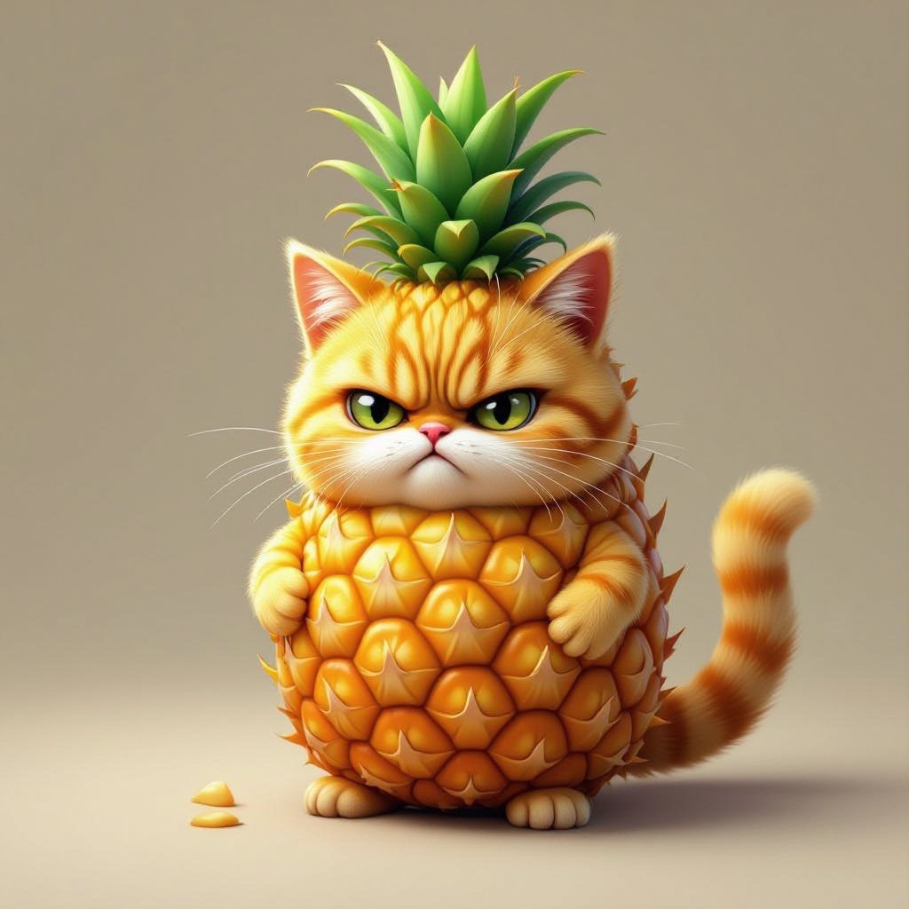 Um gato fofinho e bravo com o torso feito de abacaxi