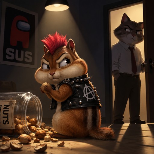 Cartoon chipmunk in punk outfit beside spilled nuts, with a cat in doorway