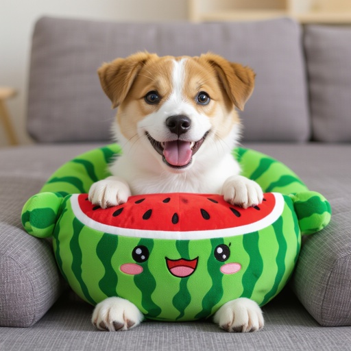 Fammi un cane che al posto del corpo ha un divano che sta comprando un peluche di un anguria con la faccia felice
