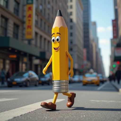 Pencil with human face 2 human foot in city