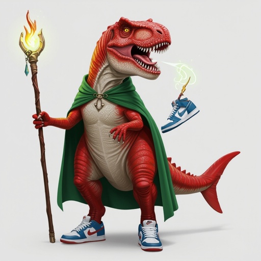 T-rex rosso con la coda di uno squalo con tre scarpe Nike e un bastone magico mantello verde