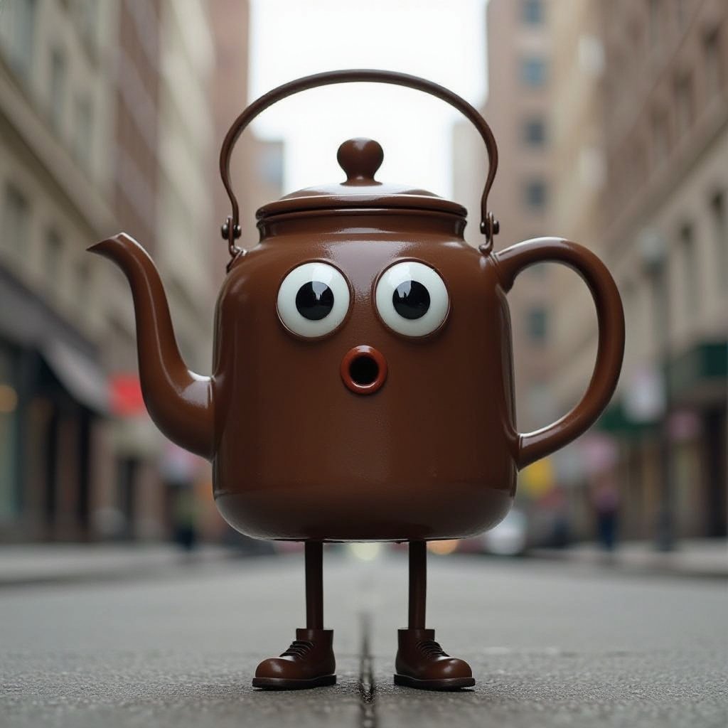 Brown kettle with 2 human leg 1 human hand 2 big eye 1 brown nose and mouth in city