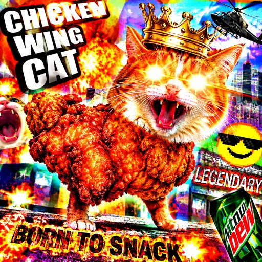 Colorful surreal collage of a crowned cat with chicken wings and bold meme text.