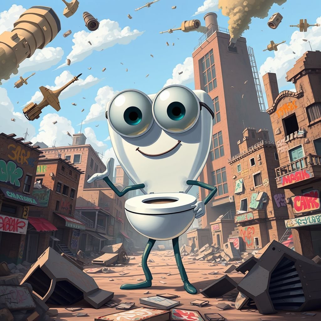 A toilet with a stick with eyes in a city in war