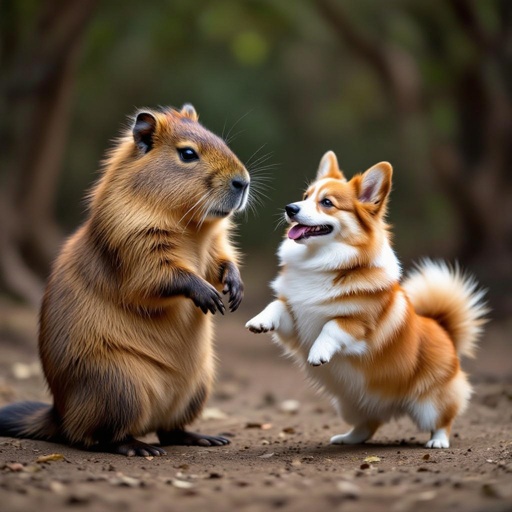 Un capibara e un Corgi che ballano