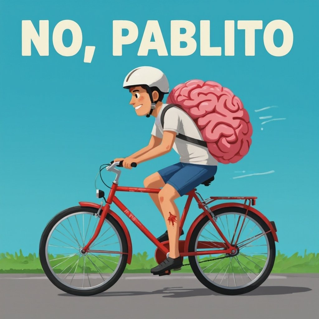 Genera un brainrot que se llame no pablito, que valla en bicicleta con un casco, las piernas fuera y una herida en la pierna, también lleva casco