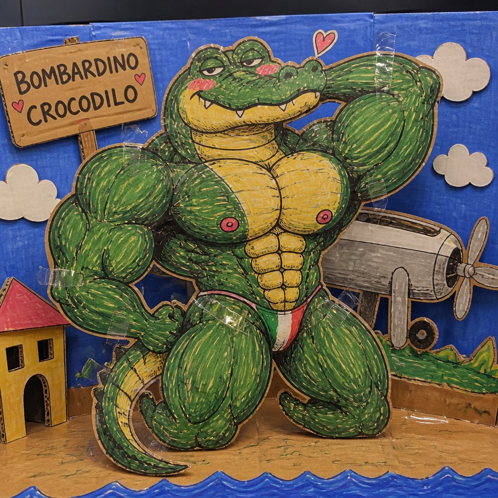 Colorful cartoon crocodile with coconuts, barrel, village, clouds, and ocean waves.