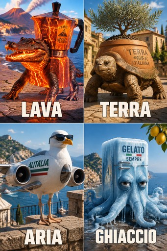 Four fantasy creature panels labeled LAVA, TERRA, ARIA, and GHIACCIO in vivid colors.