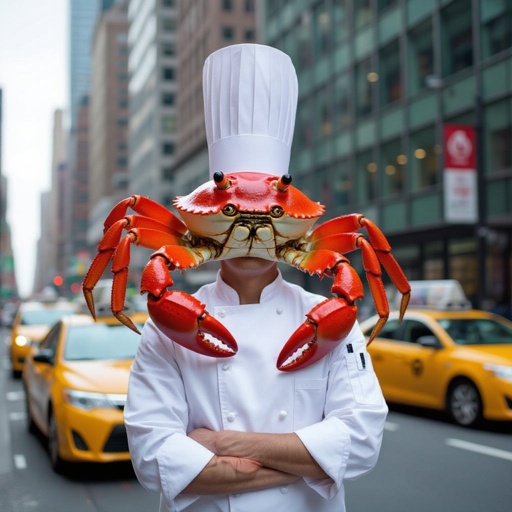 Chef with crab head 2 crab hand in city