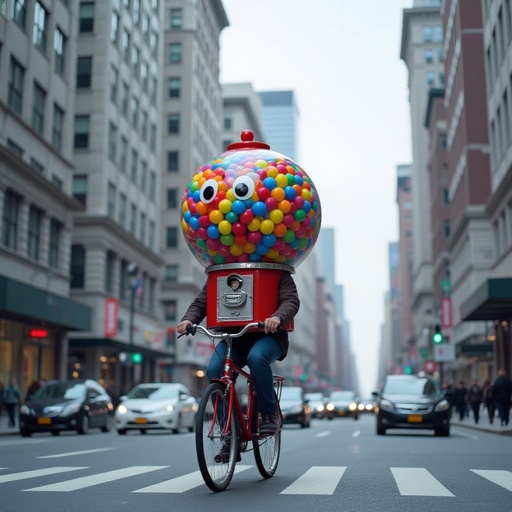 Gumball machine man ride bicycle in city