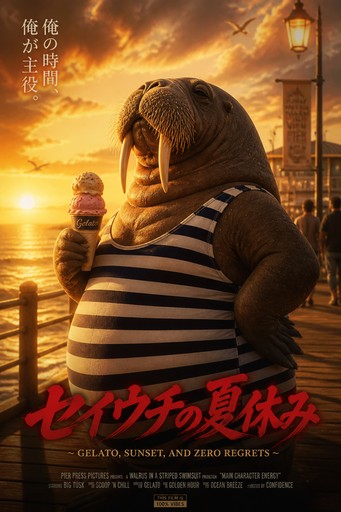 Cartoon-style walrus wearing a striped shirt beside a sunset harbor.