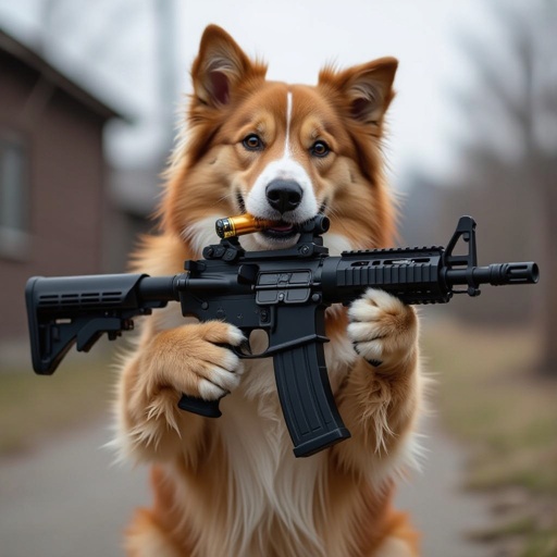 Un cane con un mitragliatore spara vodka