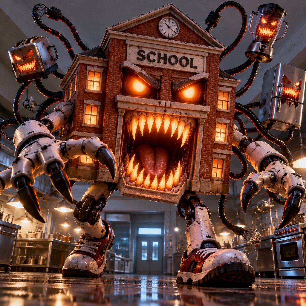 Glowing orange monster school surrounded by robots in a dark, cinematic scene