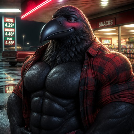 Anthropomorphic black bird in a red plaid jacket at a diner.