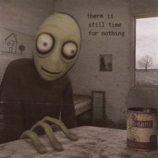 Surreal grayscale illustration of a green character seated beside a canned food container.