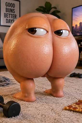 Cartoonish orange character standing on carpet beside a dumbbell and pizza slice