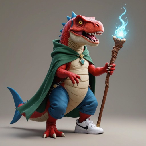 T-rex rosso  la coda di uno squalo blu con  scarpe Nike e un bastone magico mantello verde e pantaloni blu