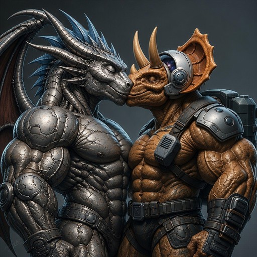 Stylized armored dragon and humanoid creature facing each other in dark metallic tones.
