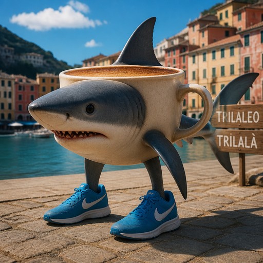 Surreal shark-shaped coffee cup wearing blue sneakers by a seaside harbor