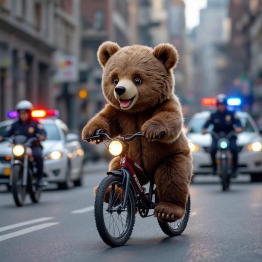 Make a baby version of a bear riding a bicycle and is running away from the police and they have