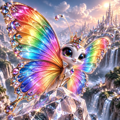 Colorful fantasy fairy with jeweled rainbow wings above crystal rocks and waterfalls