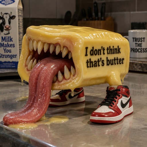 Surreal yellow cheese box with teeth, tongue, and red sneakers on a counter