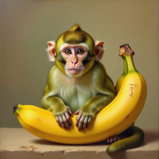 Una scimmia verde dentro ad una banana