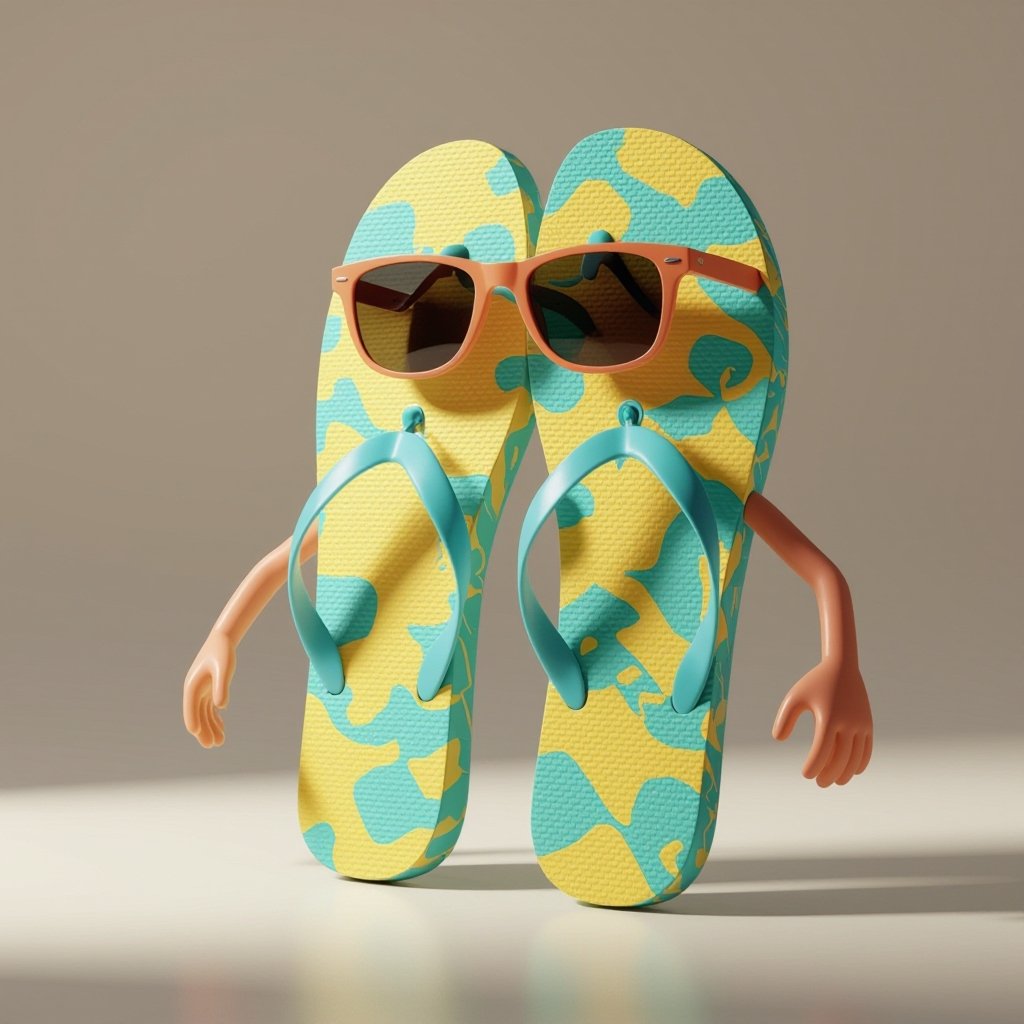 Um chinelo com óculos escuro e com pernas e braços humanoides