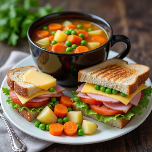 Vegatable soup bamibal sandwich