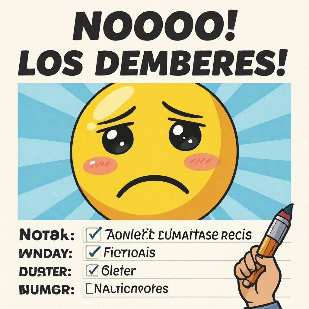 Hazme una hoja que sea de deberes, que tenga una cara triste y arriba que ponga “nooooo los demberes”