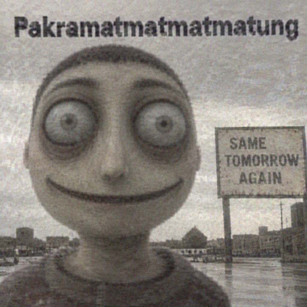 Grayscale surreal cartoon person beside a “same tomorrow again” sign.
