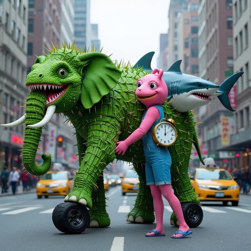 Elephant with cactus body with tire with frog head and shark head with human head 1 human arm with baseball 1 shark leg and human leg wear blue shoes and sandals with clock in city