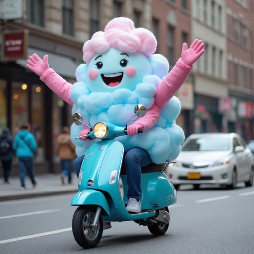 Cotton candy with happy human face 2 pink arm 2 pink leg ride scooter in city