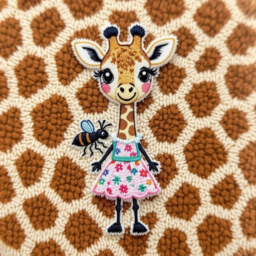 Giraffe print as a background with an and wearing a dress