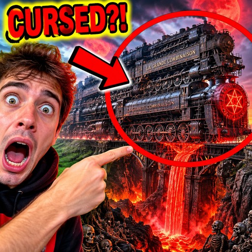 A person points at a steam locomotive overlaid with red occult symbols and flames.