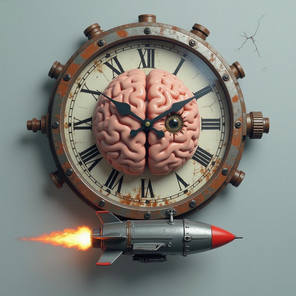 Make a clock with brainrot style of face and with jet pack floating in brainrot style realistic