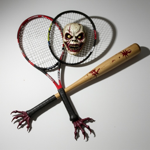Racchetta da tennis e mazza da baseball con gambe e faccia